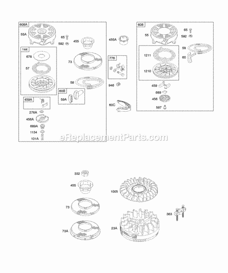 Flywheel Rewind Starter Diagram and Parts List for 129802-1910-B1  Briggs and Stratton Engine